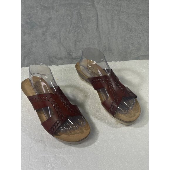 YOKONO Womens size 9.5 Redish Brown Strap Wedge Sandals Slip On Leather Cork - Picture 7 of 16